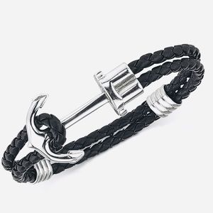 Anchor Bracelet Black leather with stainless steel